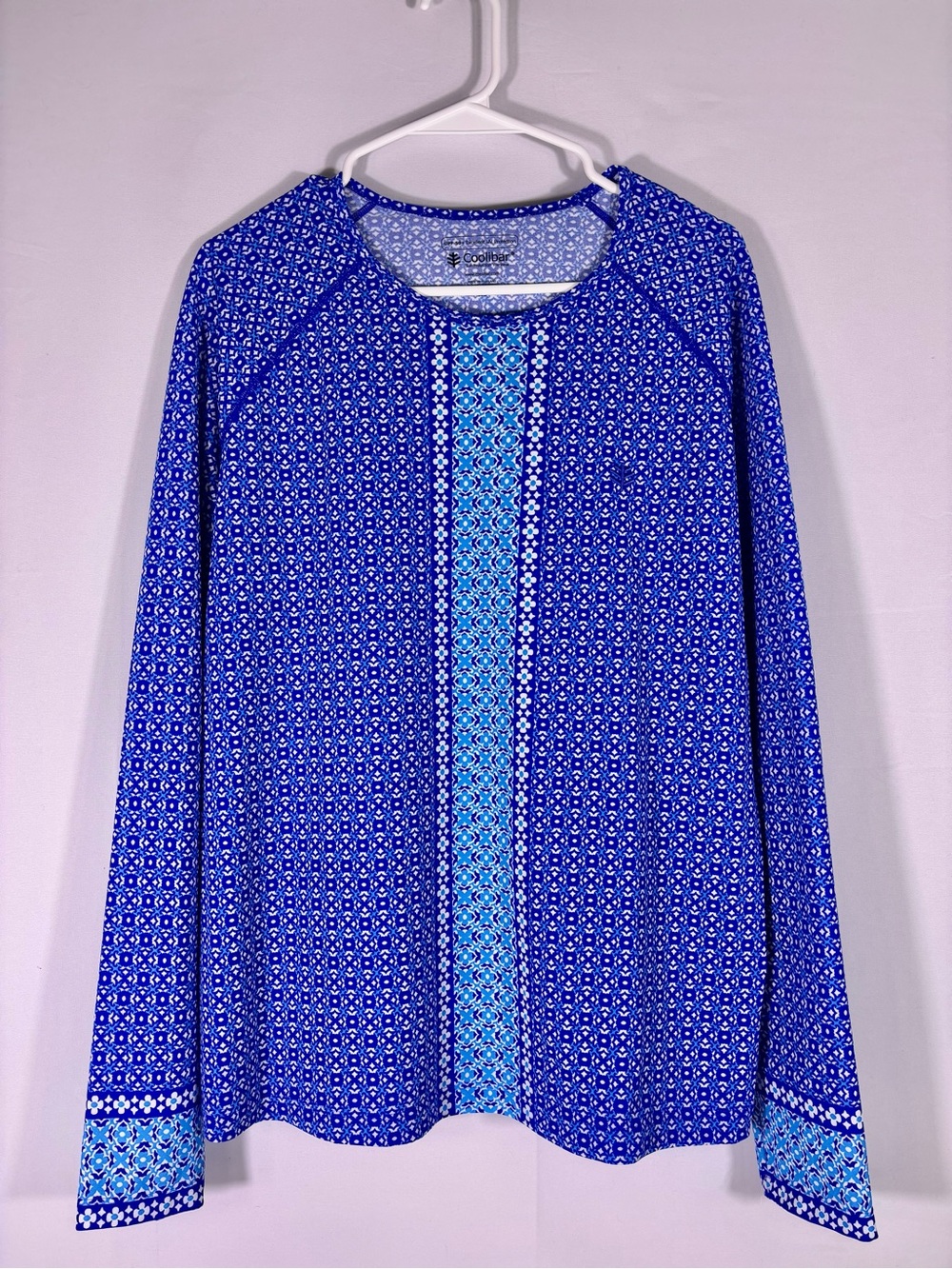 Coolibar UPF 50+ Blue Print Long Sleeve Sun Shirt Beach Golf Travel Size XL